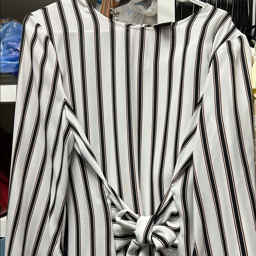 Striped Black and White Blouse with Bow Detail
